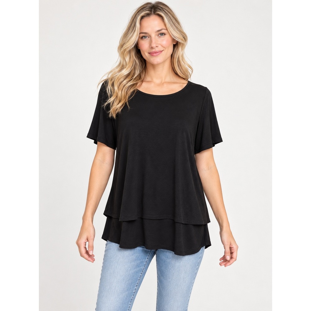 DG2 Diane Gilman Women Black Layered Hem Tunic Top Short Sleeve Size S NEW
